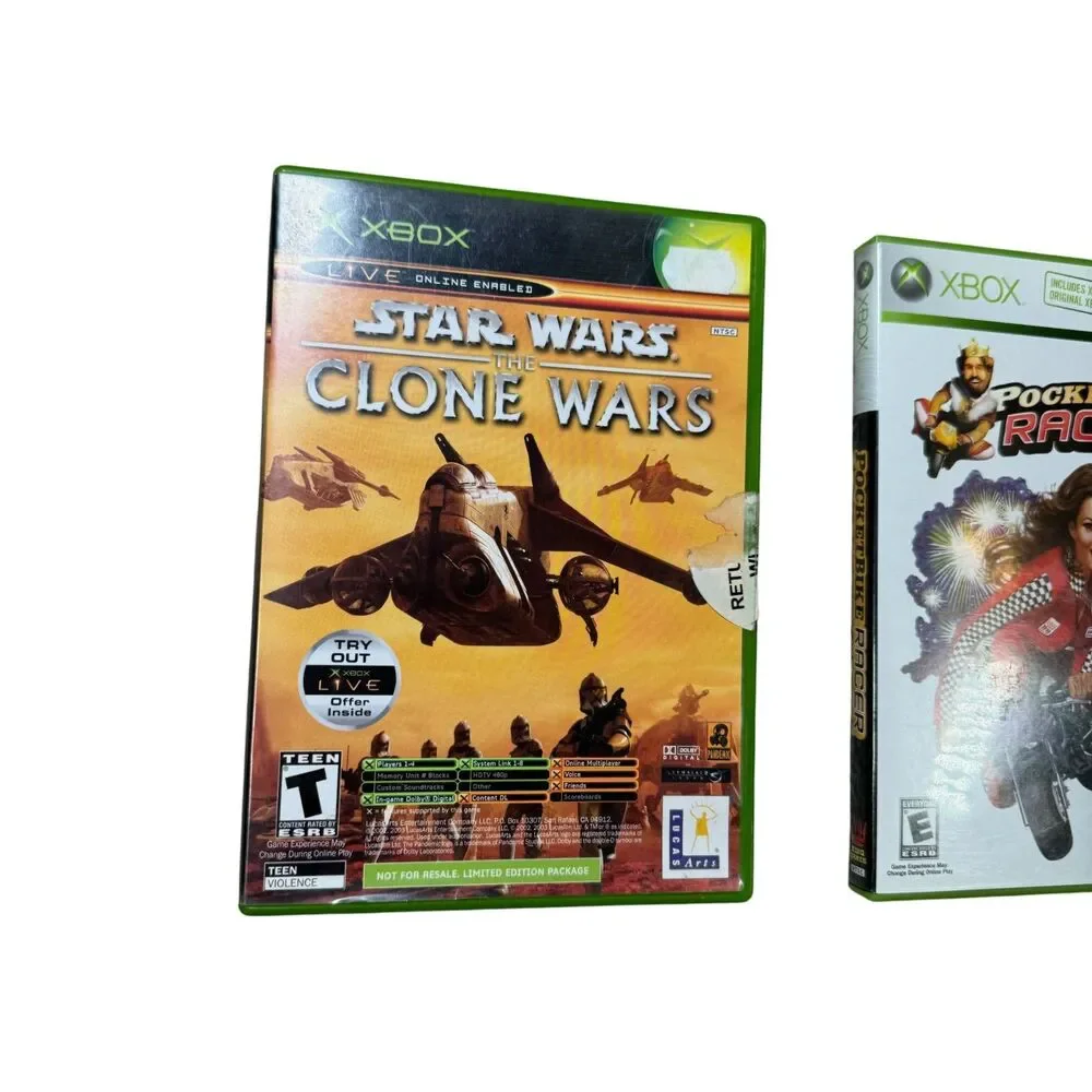 Star Wars The Clone Wars and Tetris Worlds / Rocket Bike Racer Xbox LOT 2 TESTED